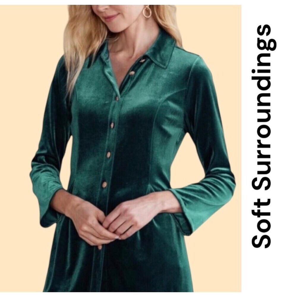 Soft surrounding velour button up top blouse enchanted forest green pleated S XL